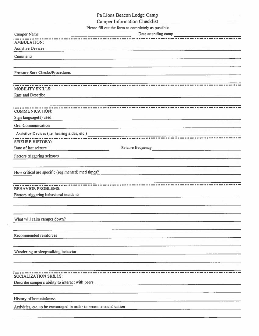 Camper Information Checklist – Pa Lions Beacon Lodge Camp