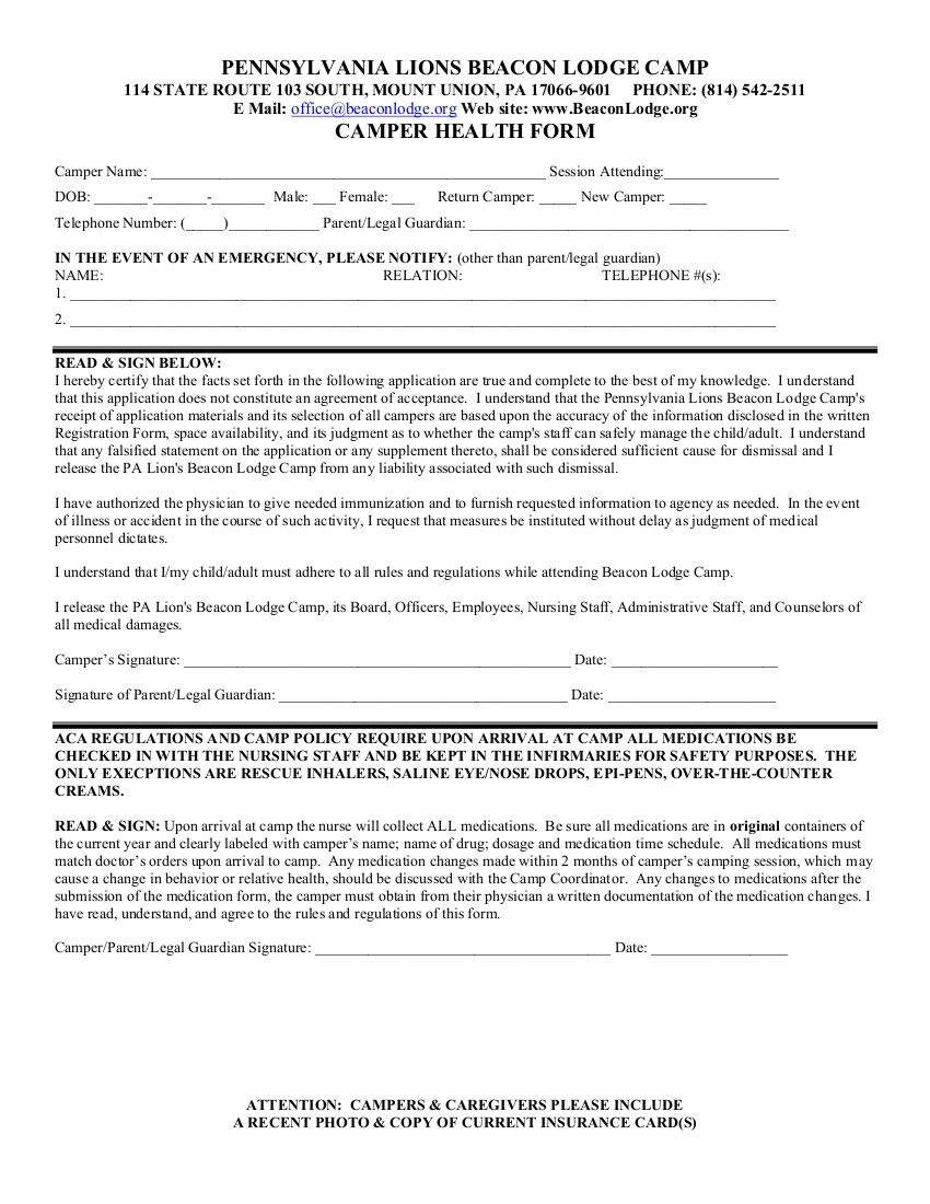 2021 Camper Health Printable Form – Pa Lions Beacon Lodge Camp